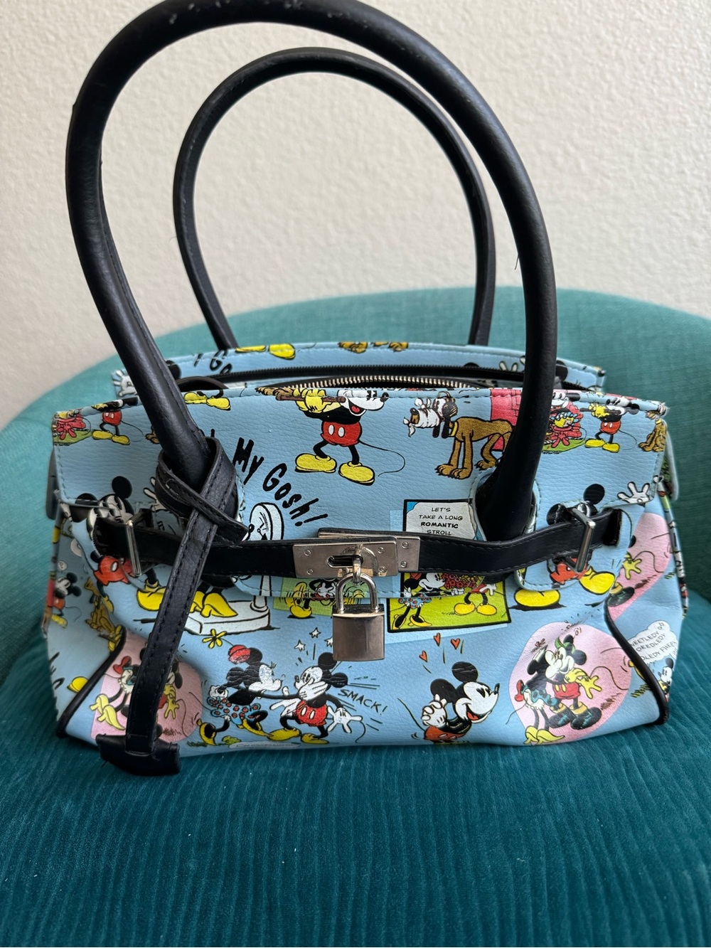 Disney Light Blue Cartoon Print Satchel with Black Handles